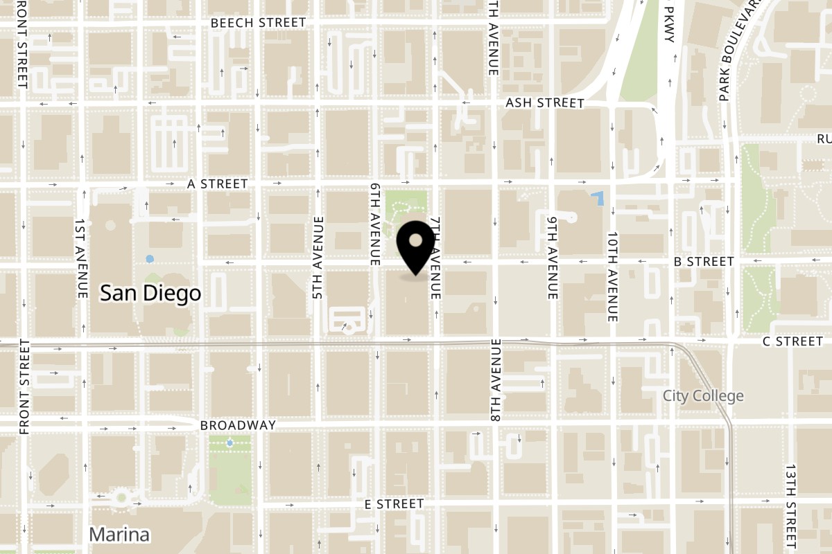 Map showing the location of Gentle Grill San Diego on 641 B St in San Diego